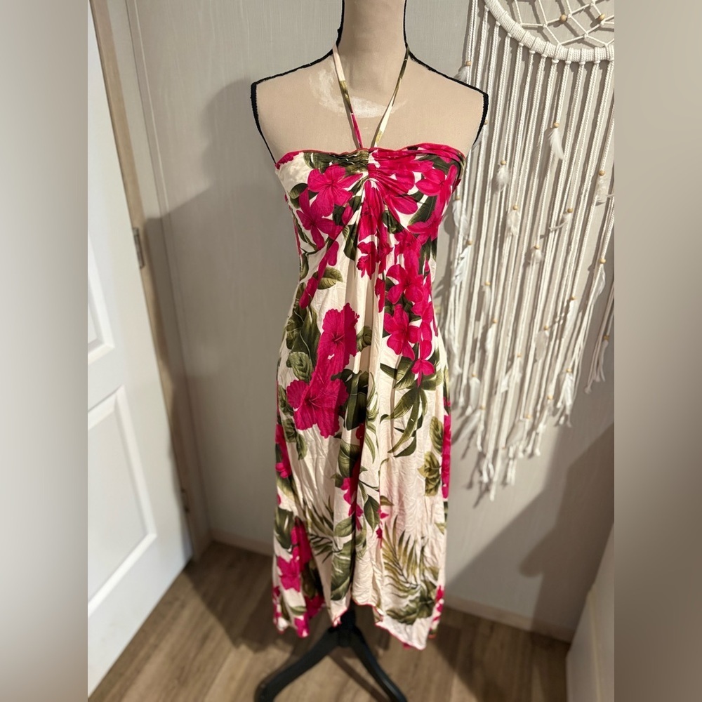 Strapless Floral Midi Dress in Fuchsia Pink